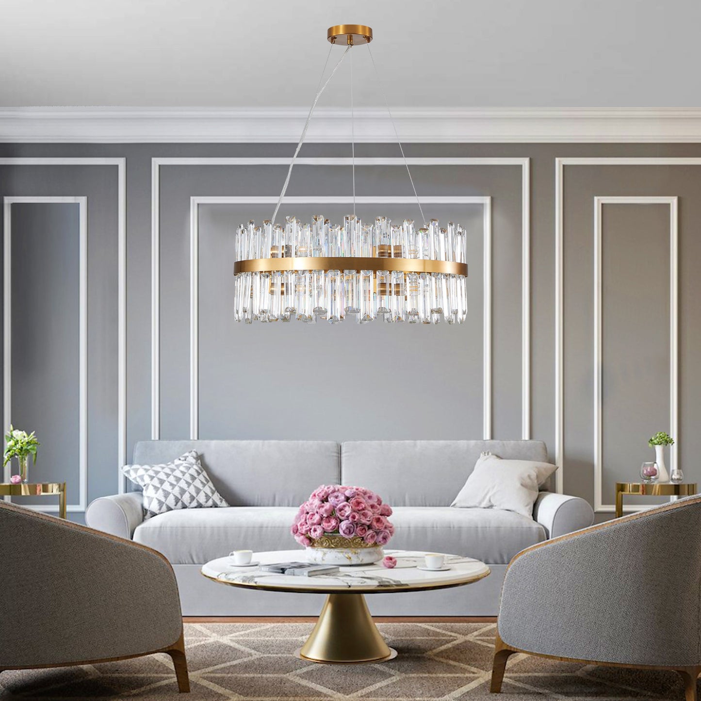 23.6" Modern K9 Crystal Chandelier | Built-In LED, 3 Color Temperatures, App & Remote Control — Gold, Dining Room & Living Room