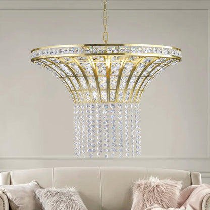 K9 Crystal Chandelier with Cascading Octagonal Beads | 8-Light Gold Modern Ceiling Light — Round 24" or Rectangular 39", Adjustable Height