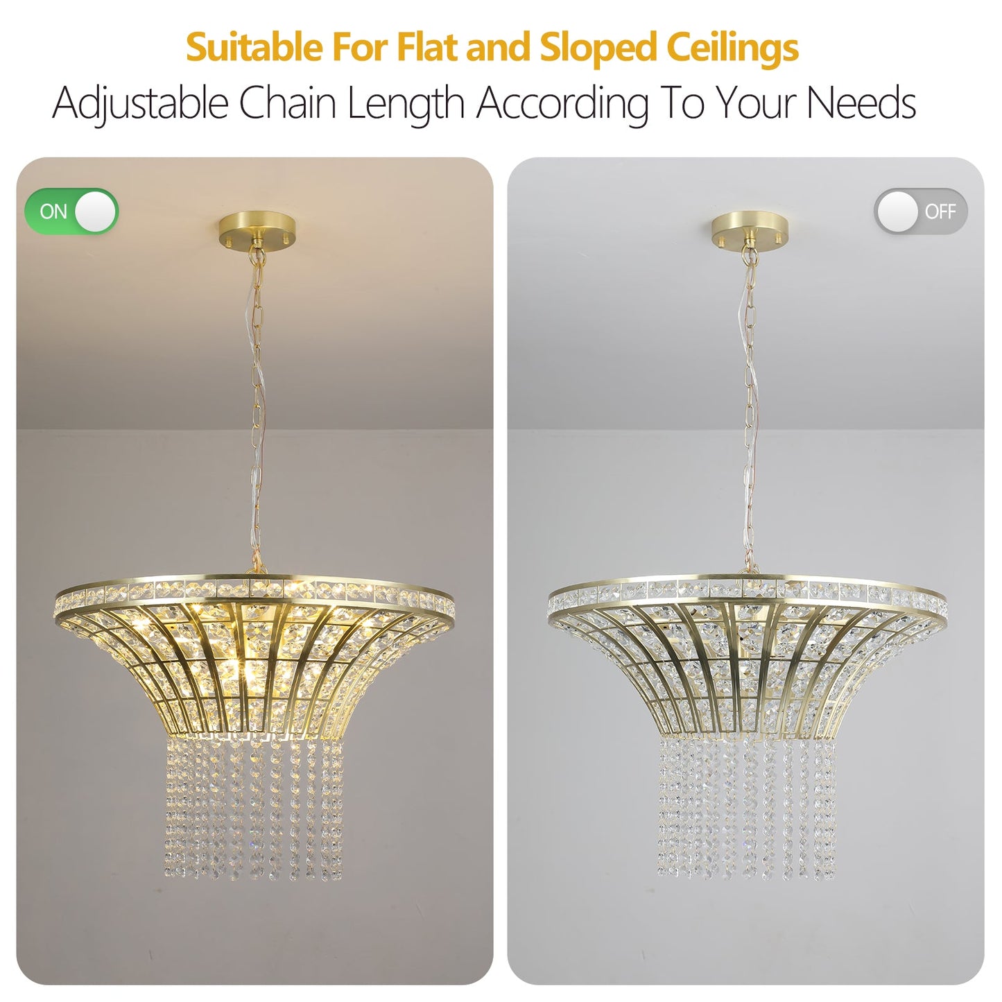K9 Crystal Chandelier with Cascading Octagonal Beads | 8-Light Gold Modern Ceiling Light — Round 24" or Rectangular 39", Adjustable Height