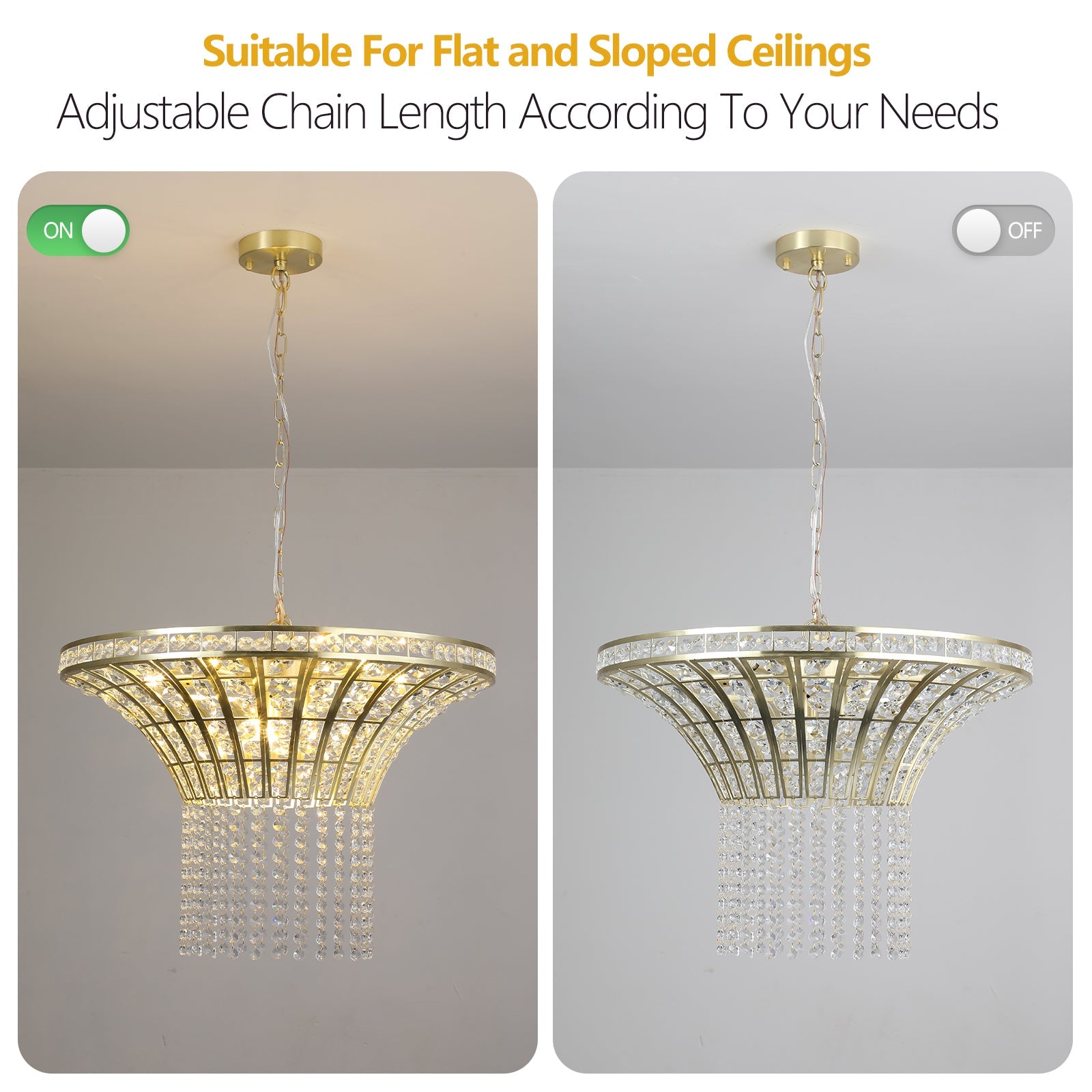 K9 Crystal Chandelier with Cascading Octagonal Beads | 8-Light Gold Modern Ceiling Light — Round 24" or Rectangular 39", Adjustable Height