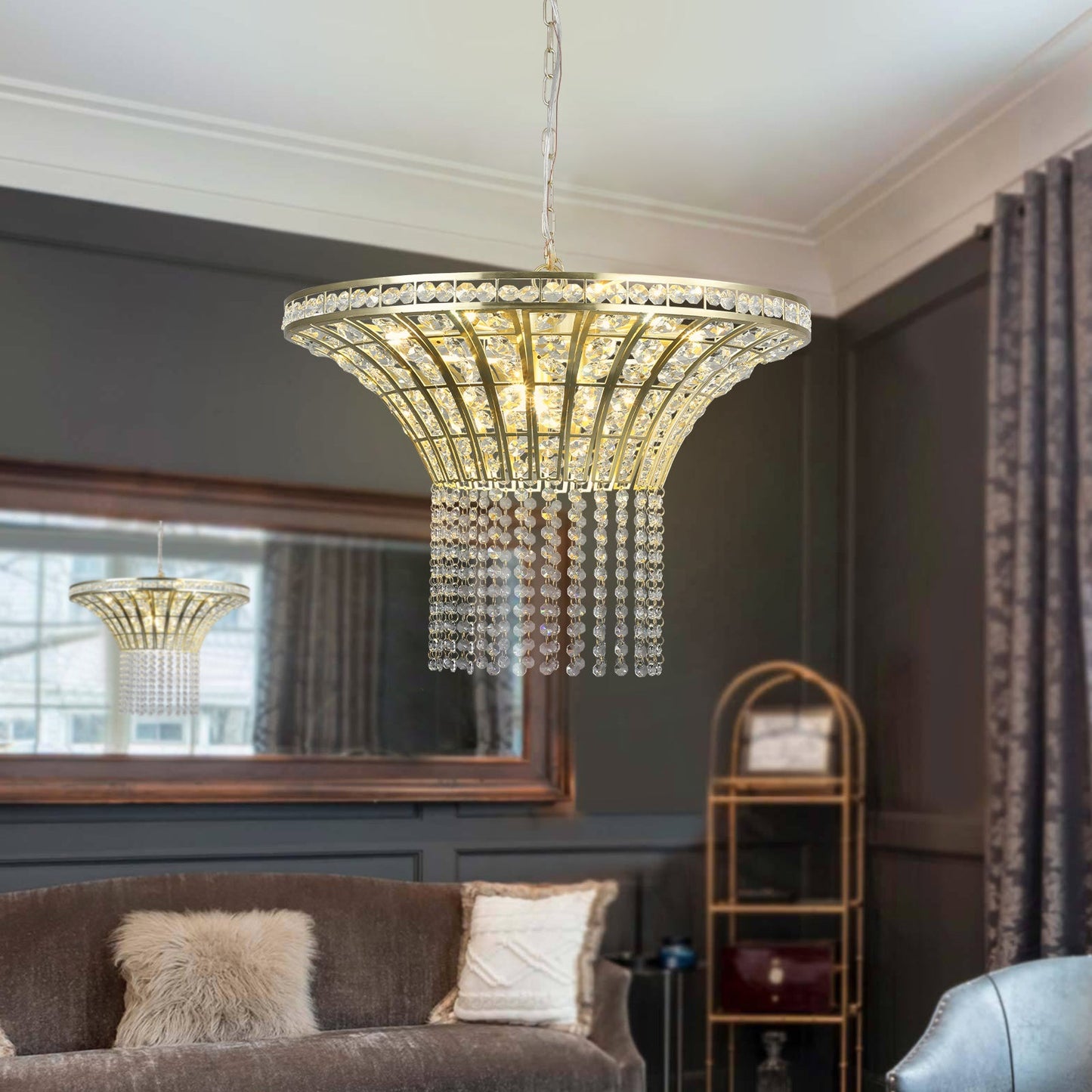 K9 Crystal Chandelier with Cascading Octagonal Beads | 8-Light Gold Modern Ceiling Light — Round 24" or Rectangular 39", Adjustable Height 24-inch