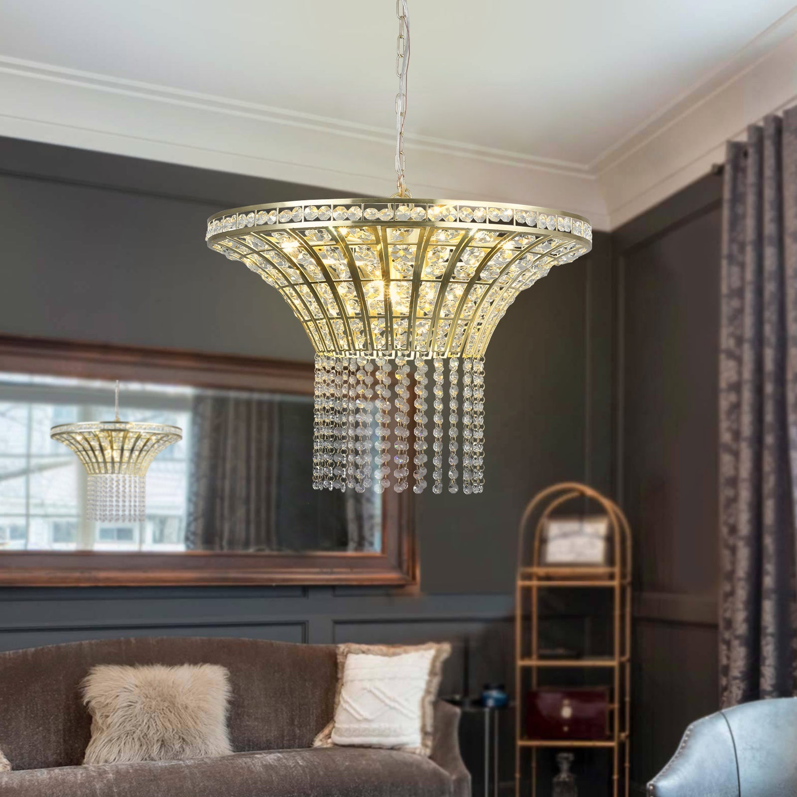 K9 Crystal Chandelier with Cascading Octagonal Beads | 8-Light Gold Modern Ceiling Light — Round 24" or Rectangular 39", Adjustable Height 24-inch