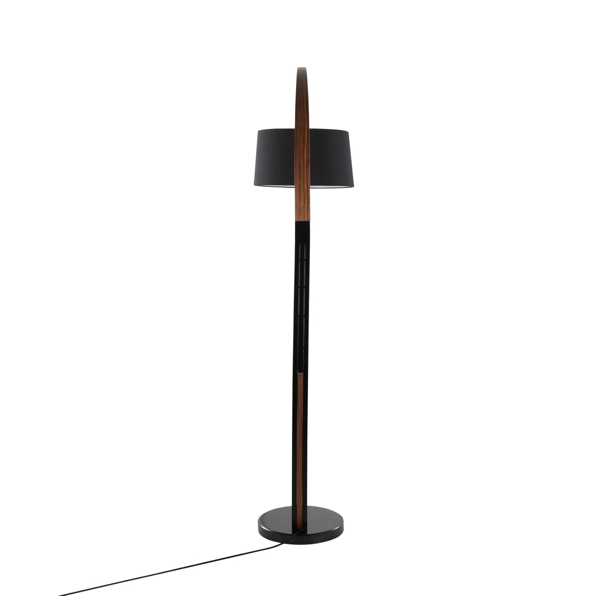 Mid-Century Modern Floor Lamp – Arched Walnut Wood Frame, Marble Base & Linen Drum Shade