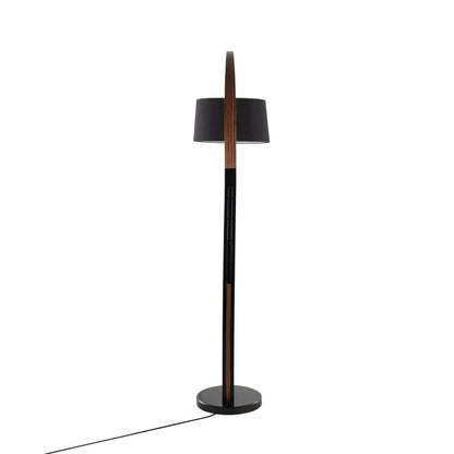 Mid-Century Modern Floor Lamp – Arched Walnut Wood Frame, Marble Base & Linen Drum Shade