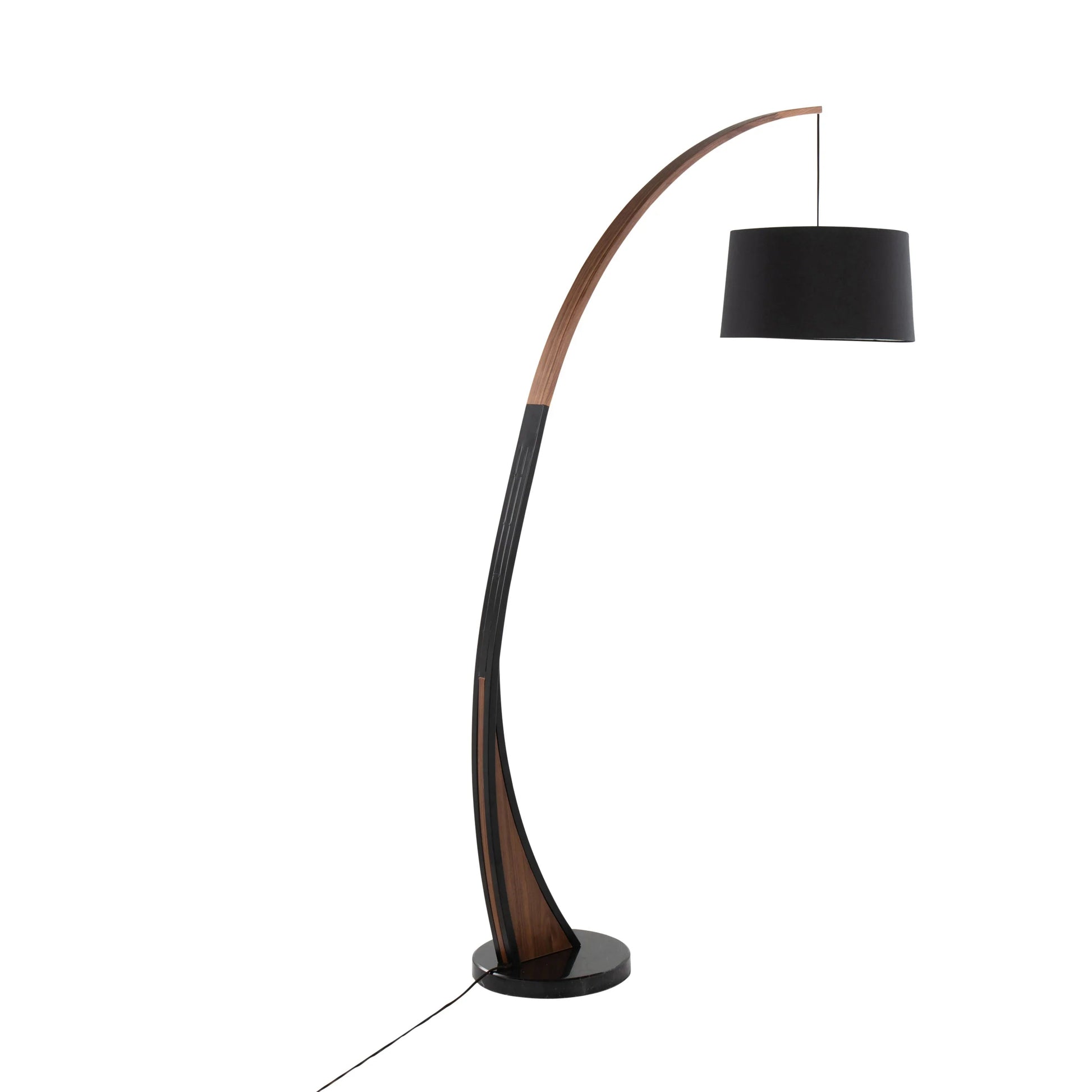 Mid-Century Modern Floor Lamp – Arched Walnut Wood Frame, Marble Base & Linen Drum Shade