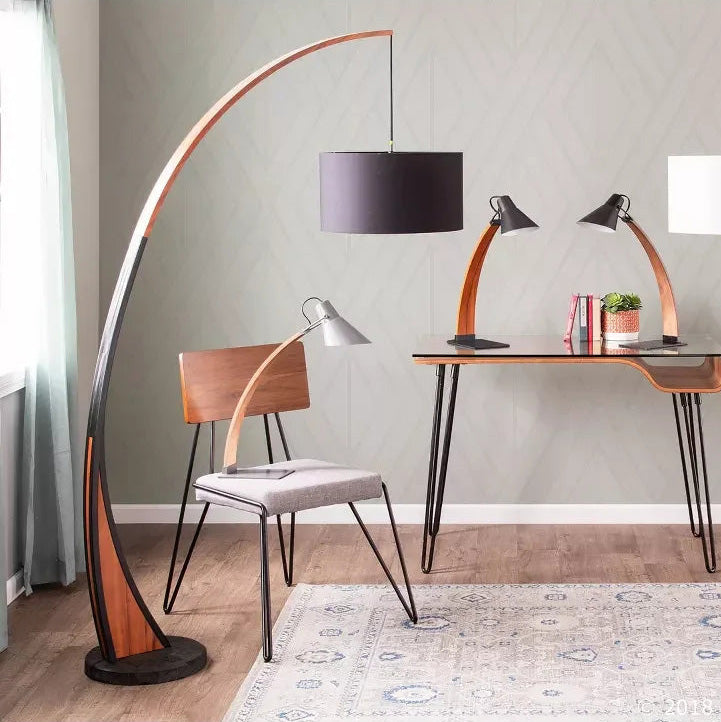 Mid-Century Modern Floor Lamp – Arched Walnut Wood Frame, Marble Base & Linen Drum Shade