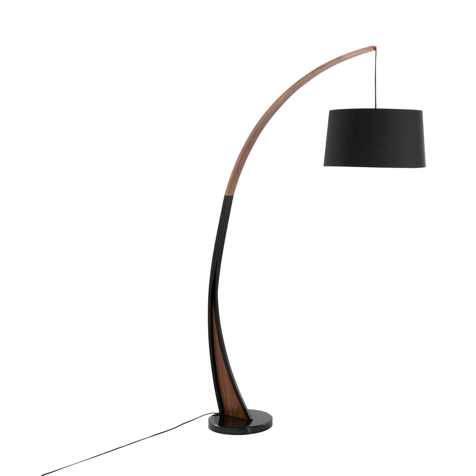 Mid-Century Modern Floor Lamp – Arched Walnut Wood Frame, Marble Base & Linen Drum Shade Noah Mid