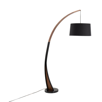 Mid-Century Modern Floor Lamp – Arched Walnut Wood Frame, Marble Base & Linen Drum Shade Noah Mid