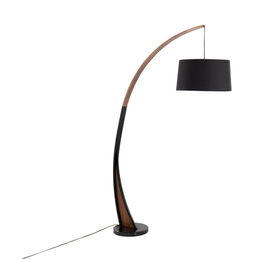 Mid-Century Modern Floor Lamp – Arched Walnut Wood Frame, Marble Base & Linen Drum Shade Noah Mid