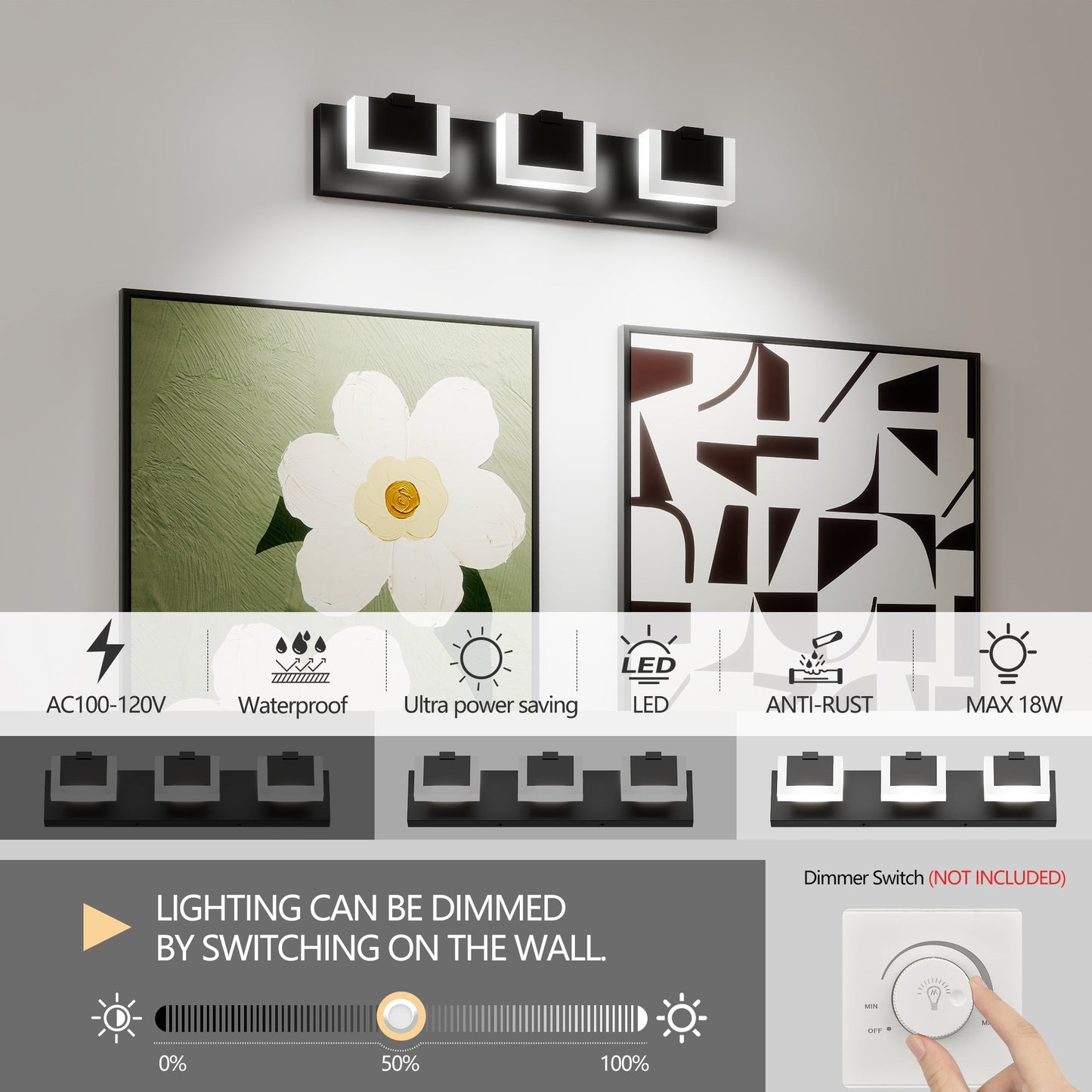 LED Vanity Light Up & Down | 3/4/5/6-Light Dimmable Bathroom Wall Sconce with Frosted Acrylic Shade — Matte Black, 6000K, 18W
