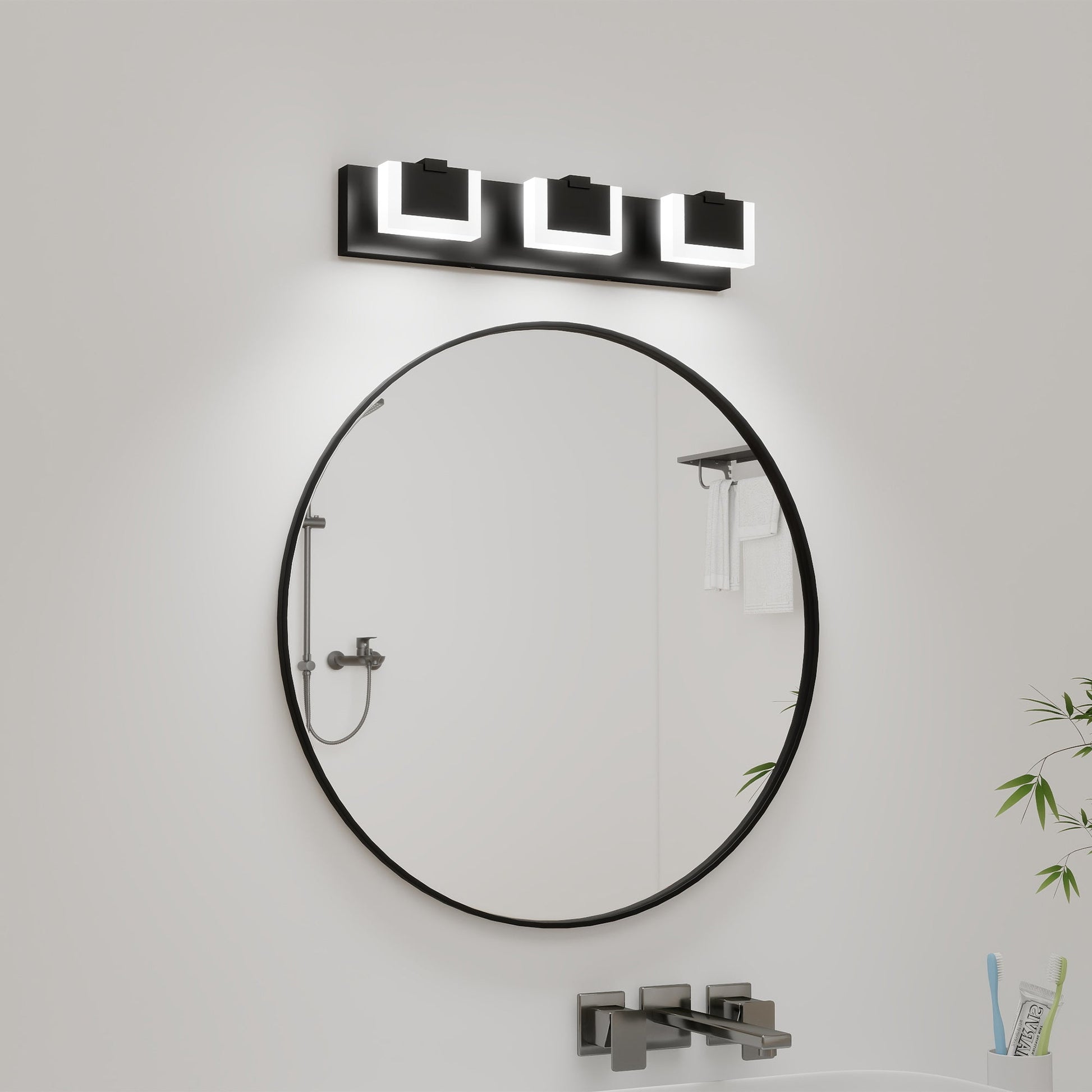 LED Vanity Light Up & Down | 3/4/5/6-Light Dimmable Bathroom Wall Sconce with Frosted Acrylic Shade — Matte Black, 6000K, 18W 3-lights