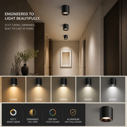 Modern Flush Mount Ceiling Light | 4.8" LED Cylinder Fixture for Hallway, 5CCT 3000K-6000K Dimmable, CRI90+