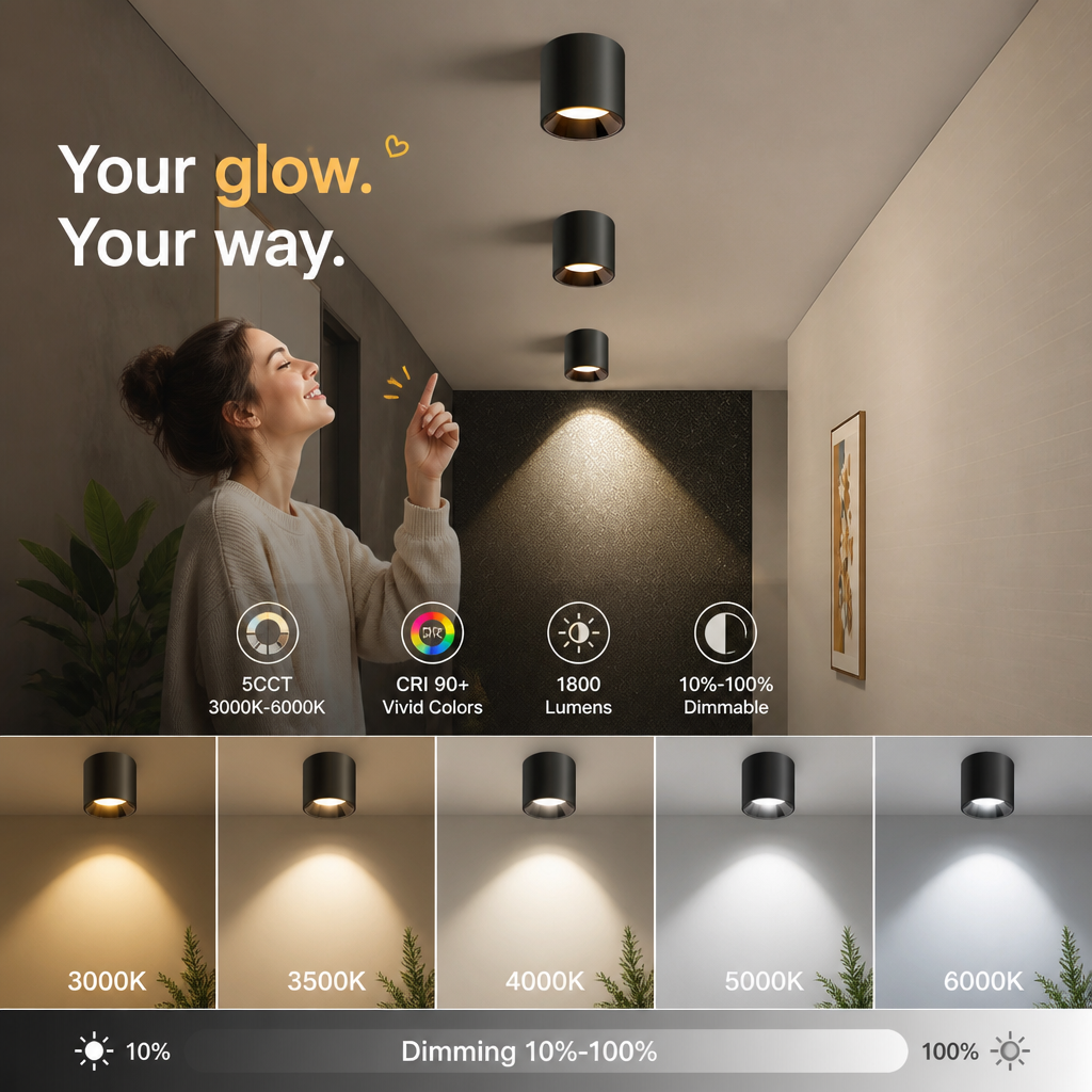 Modern Flush Mount Ceiling Light | 4.8" LED Cylinder Fixture for Hallway, 5CCT 3000K-6000K Dimmable, CRI90+