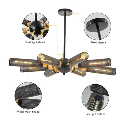 34" Sputnik Chandelier | 8-Light Black & Gold Industrial Pendant Light with Mesh Shades — E26, Dining Room, Living Room & Kitchen