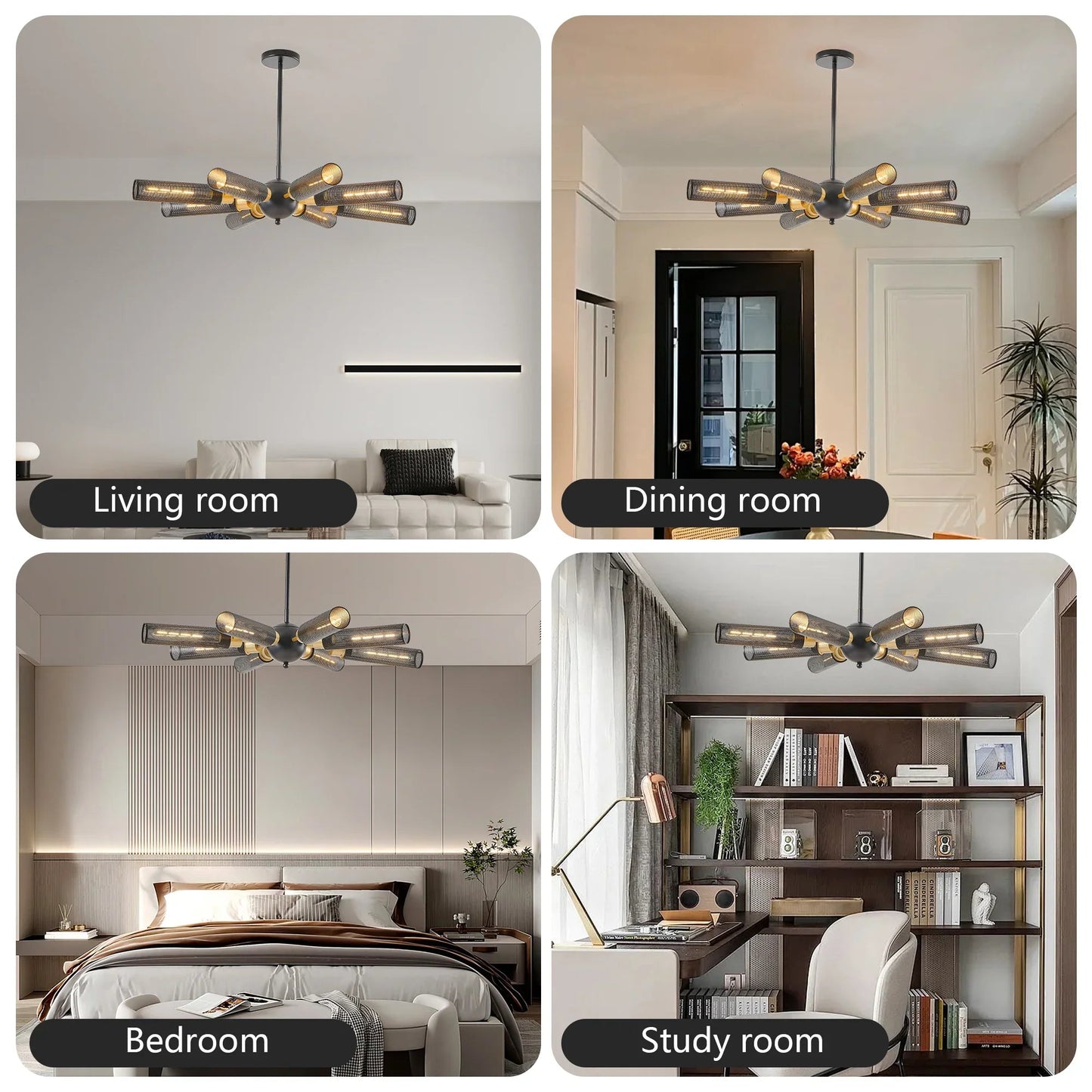 34" Sputnik Chandelier | 8-Light Black & Gold Industrial Pendant Light with Mesh Shades — E26, Dining Room, Living Room & Kitchen