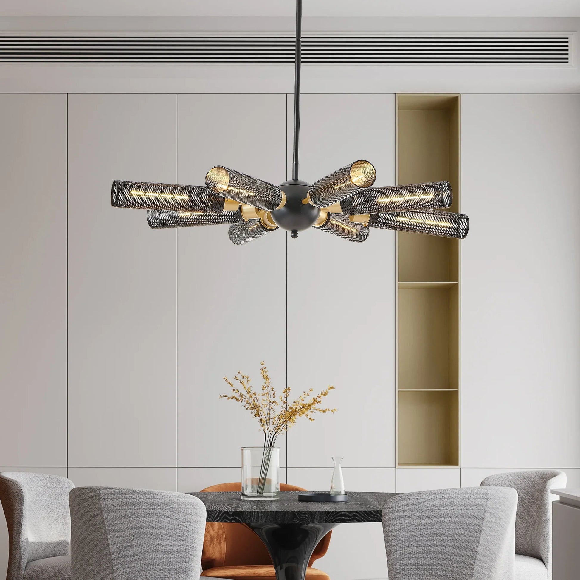 34" Sputnik Chandelier | 8-Light Black & Gold Industrial Pendant Light with Mesh Shades — E26, Dining Room, Living Room & Kitchen