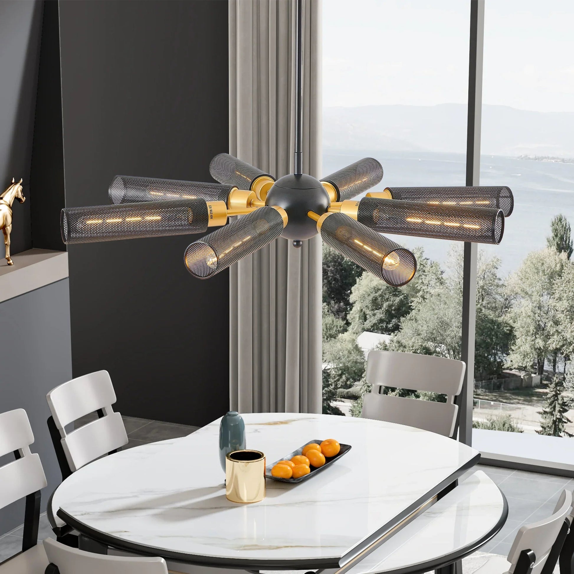 34" Sputnik Chandelier | 8-Light Black & Gold Industrial Pendant Light with Mesh Shades — E26, Dining Room, Living Room & Kitchen