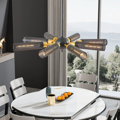 34" Sputnik Chandelier | 8-Light Black & Gold Industrial Pendant Light with Mesh Shades — E26, Dining Room, Living Room & Kitchen