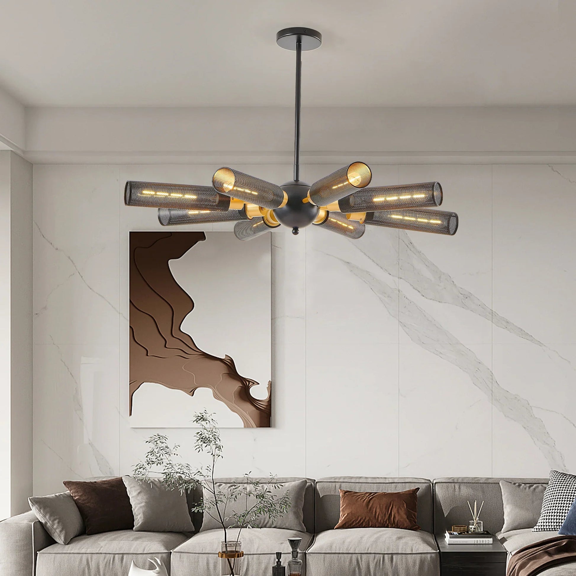 34" Sputnik Chandelier | 8-Light Black & Gold Industrial Pendant Light with Mesh Shades — E26, Dining Room, Living Room & Kitchen