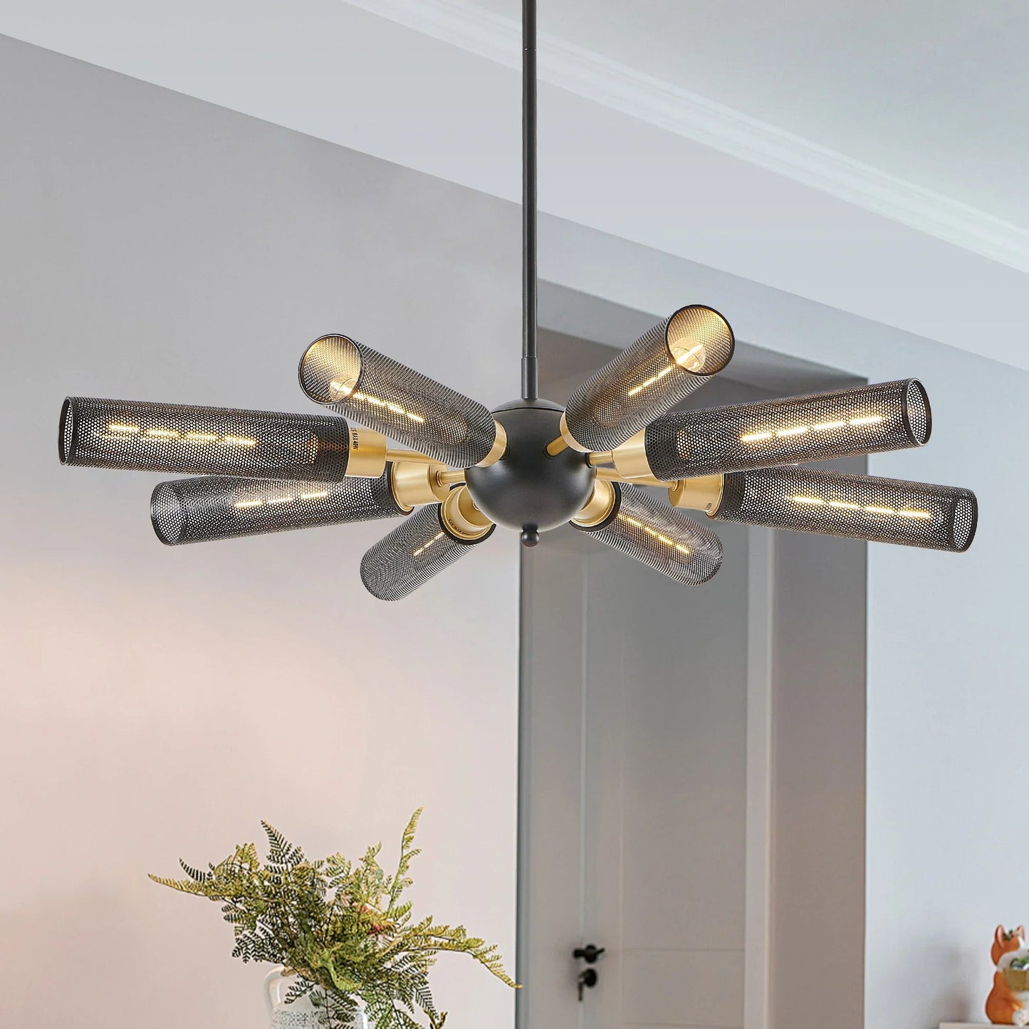 34" Sputnik Chandelier | 8-Light Black & Gold Industrial Pendant Light with Mesh Shades — E26, Dining Room, Living Room & Kitchen