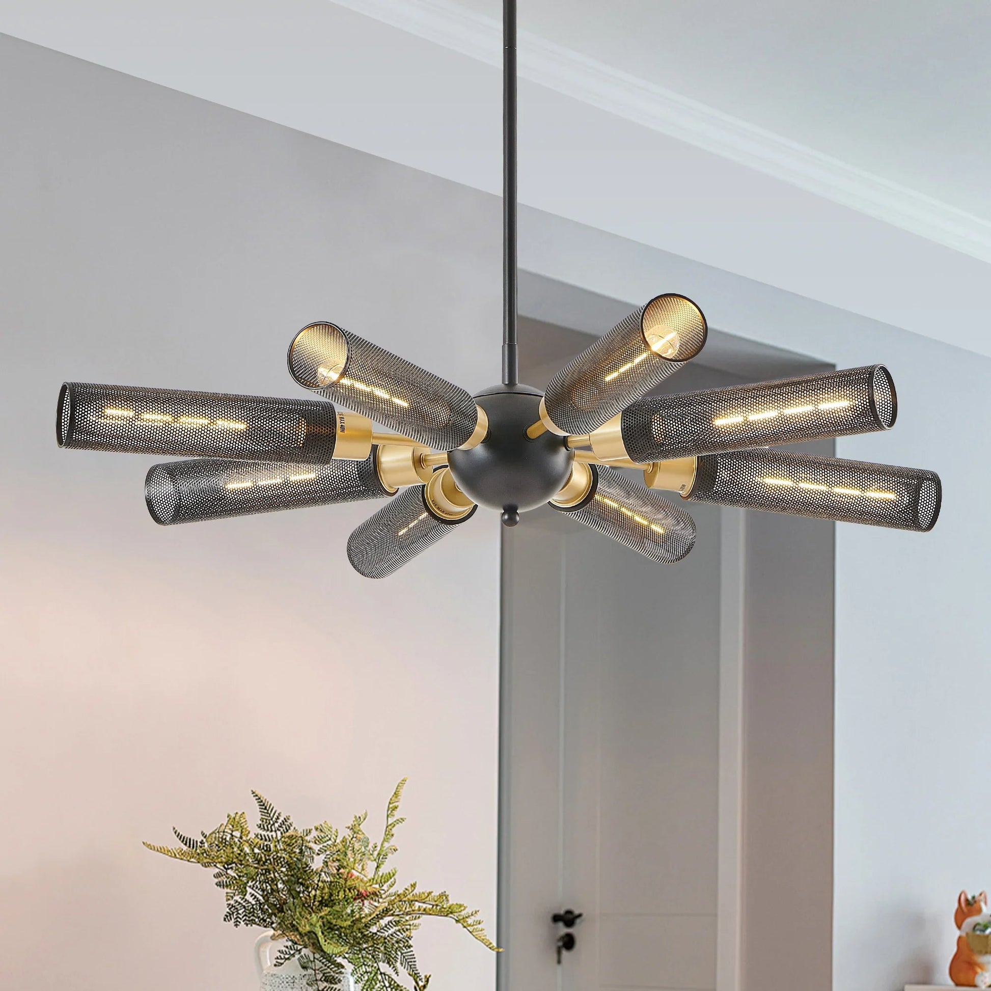 34" Sputnik Chandelier | 8-Light Black & Gold Industrial Pendant Light with Mesh Shades — E26, Dining Room, Living Room & Kitchen