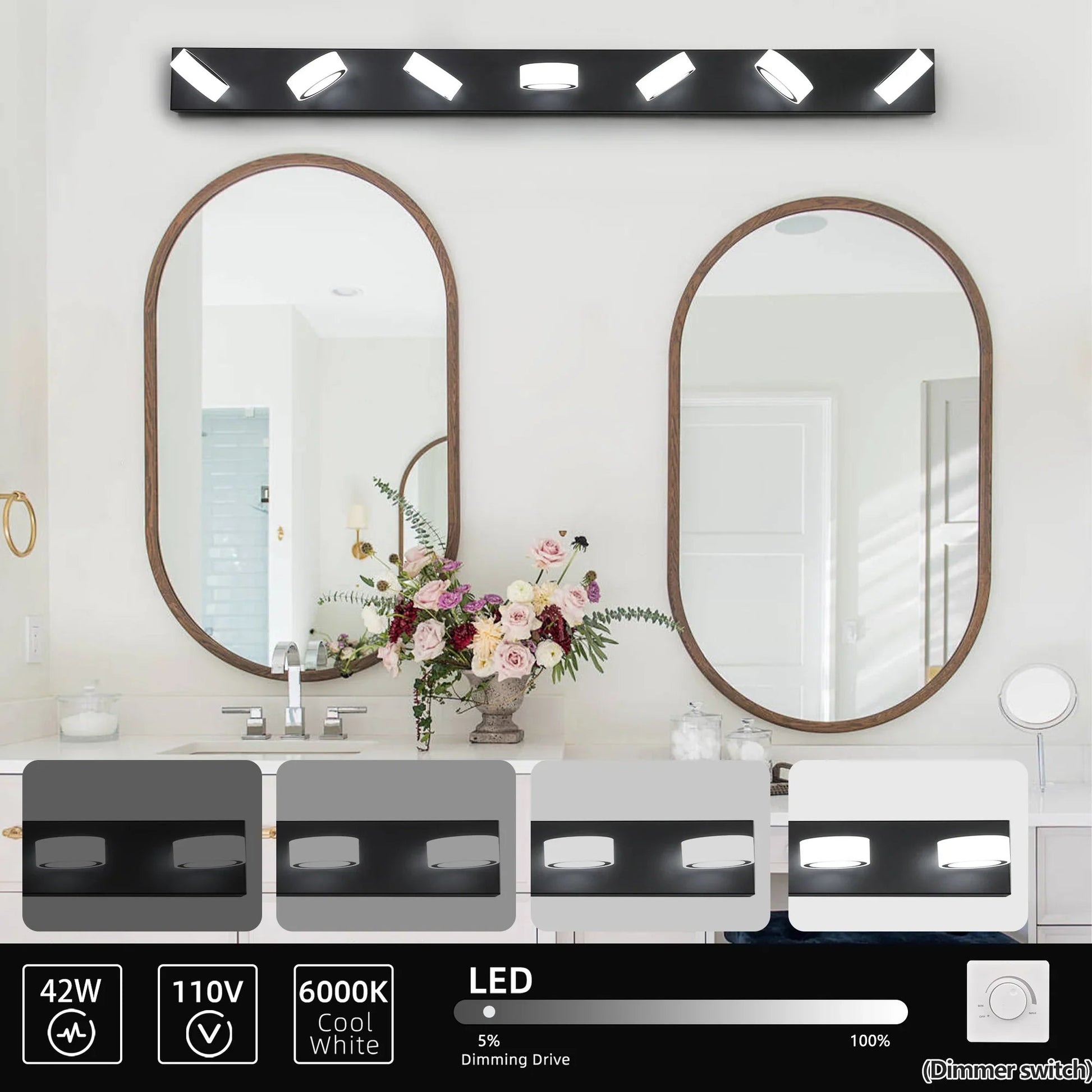 LED Vanity Light Fixture | 3/4/5/6/7-Light Dimmable Bathroom Wall Sconce with Acrylic Shade — Matte Black, 6000K, 42W