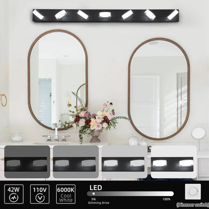 LED Vanity Light Fixture | 3/4/5/6/7-Light Dimmable Bathroom Wall Sconce with Acrylic Shade — Matte Black, 6000K, 42W