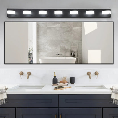 LED Vanity Light Fixture | 3/4/5/6/7-Light Dimmable Bathroom Wall Sconce with Acrylic Shade — Matte Black, 6000K, 42W 7-light