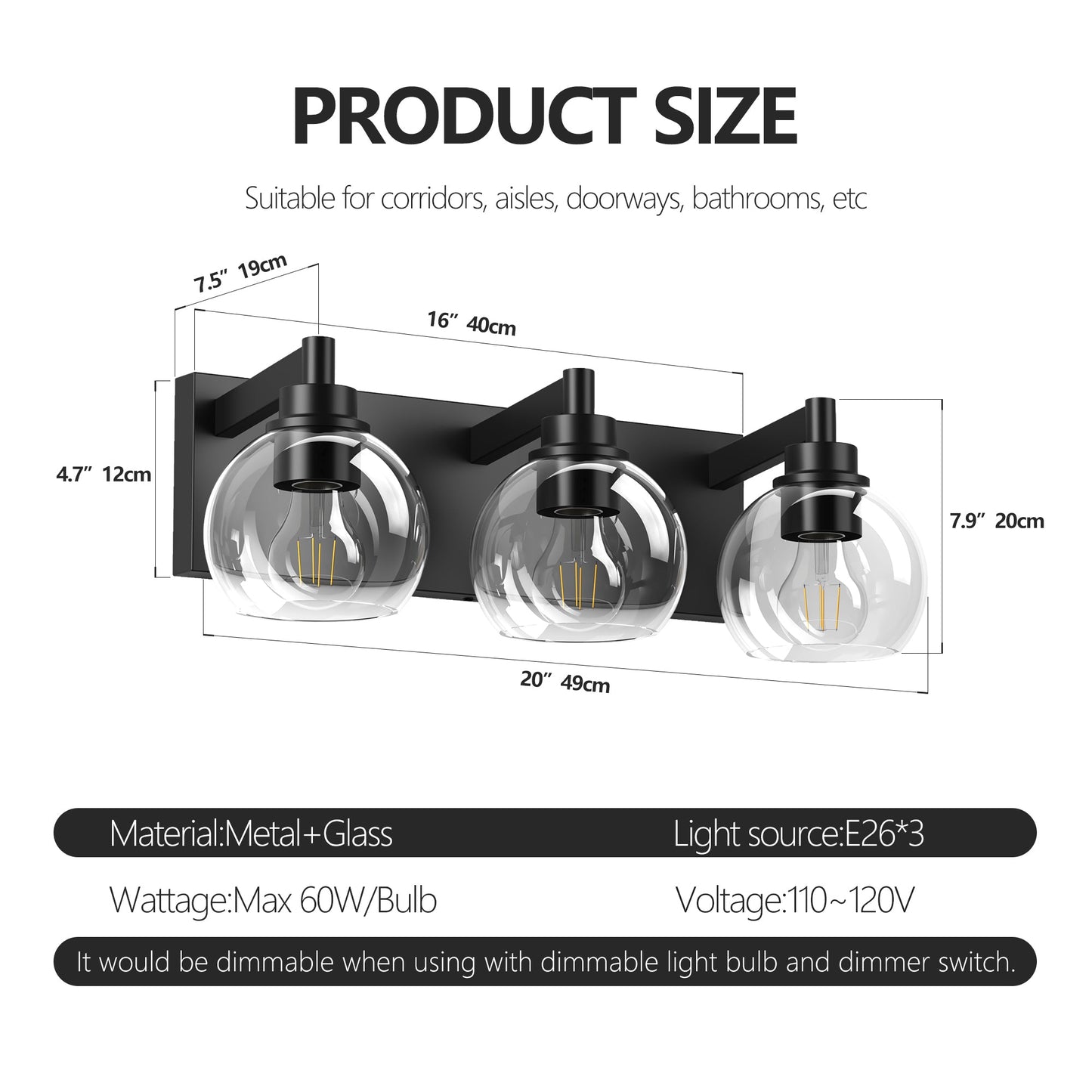 Matte Black Vanity Light | 3/4/5/6-Light Bathroom Wall Sconce with Clear Glass Shades & E26 Socket — Water-Resistant, Up or Down Mount