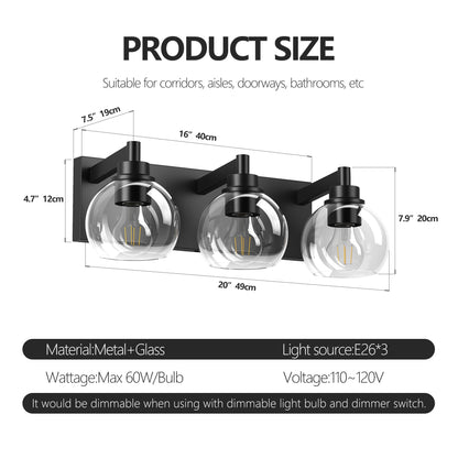 Matte Black Vanity Light | 3/4/5/6-Light Bathroom Wall Sconce with Clear Glass Shades & E26 Socket — Water-Resistant, Up or Down Mount