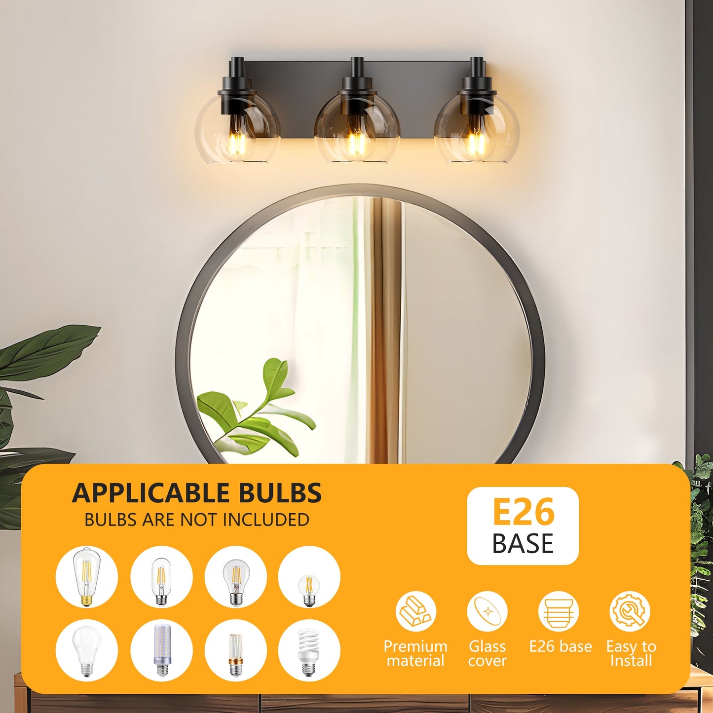 Matte Black Vanity Light | 3/4/5/6-Light Bathroom Wall Sconce with Clear Glass Shades & E26 Socket — Water-Resistant, Up or Down Mount