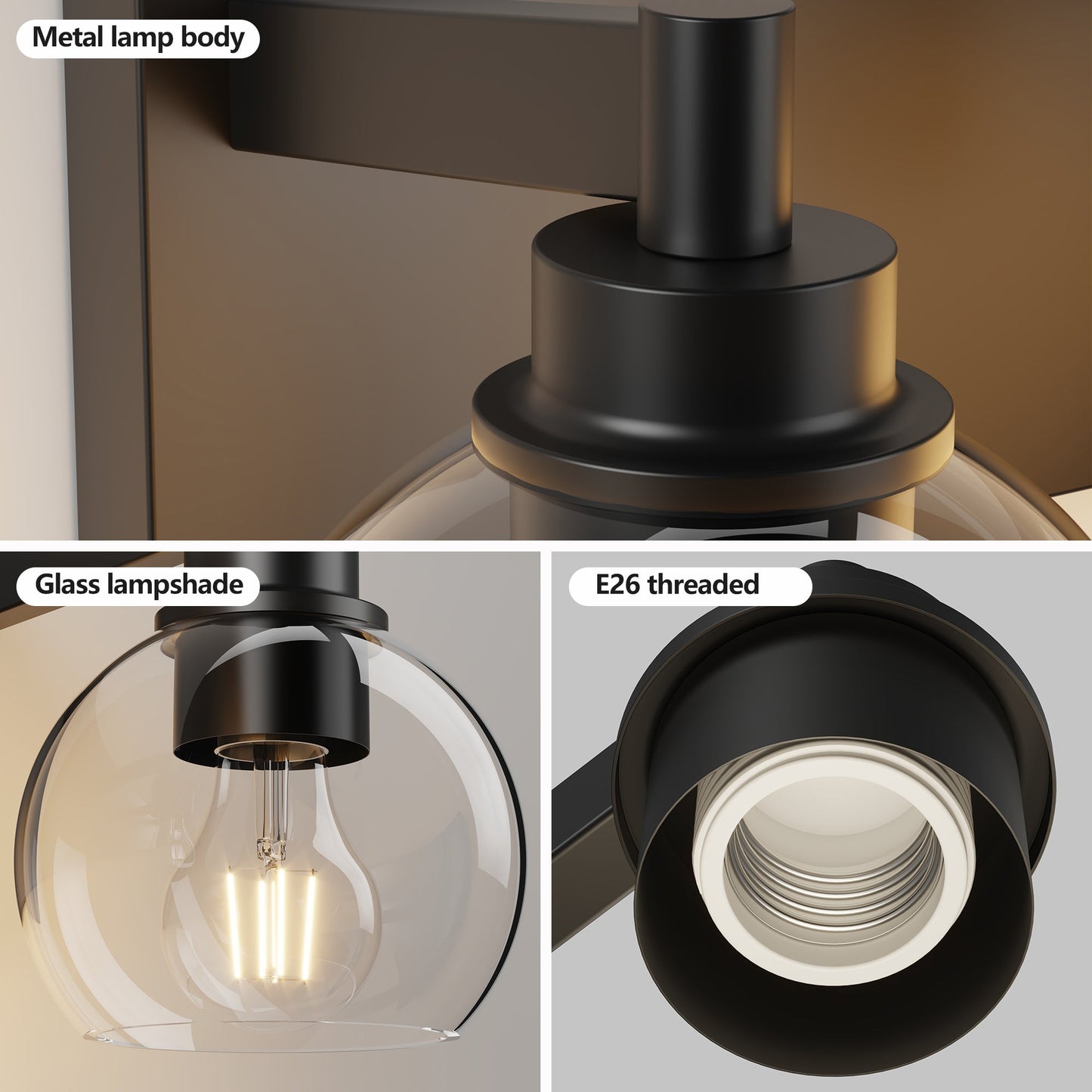Matte Black Vanity Light | 3/4/5/6-Light Bathroom Wall Sconce with Clear Glass Shades & E26 Socket — Water-Resistant, Up or Down Mount