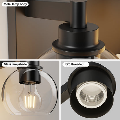 Matte Black Vanity Light | 3/4/5/6-Light Bathroom Wall Sconce with Clear Glass Shades & E26 Socket — Water-Resistant, Up or Down Mount