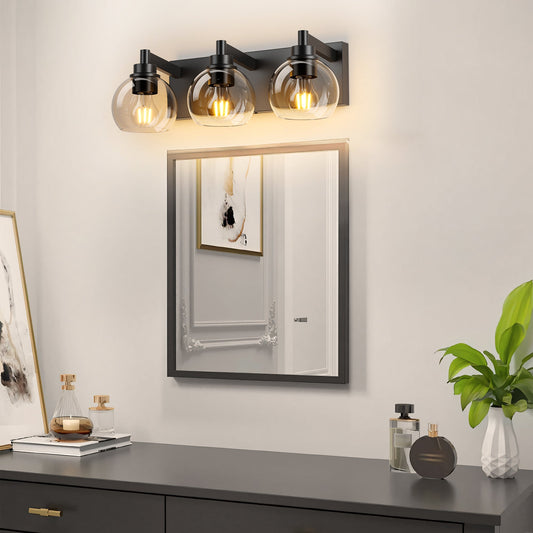 Matte Black Vanity Light | 3/4/5/6-Light Bathroom Wall Sconce with Clear Glass Shades & E26 Socket — Water-Resistant, Up or Down Mount