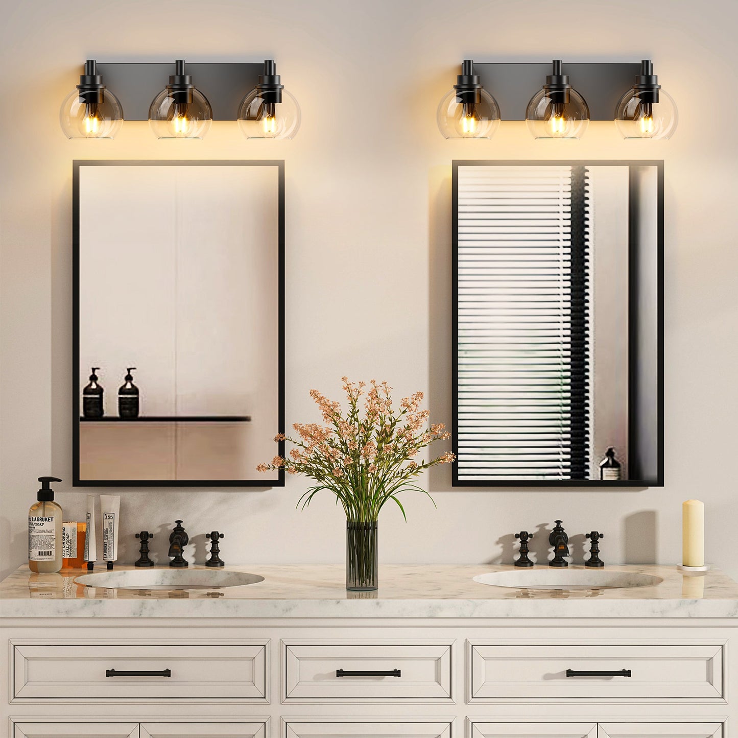 Matte Black Vanity Light | 3/4/5/6-Light Bathroom Wall Sconce with Clear Glass Shades & E26 Socket — Water-Resistant, Up or Down Mount