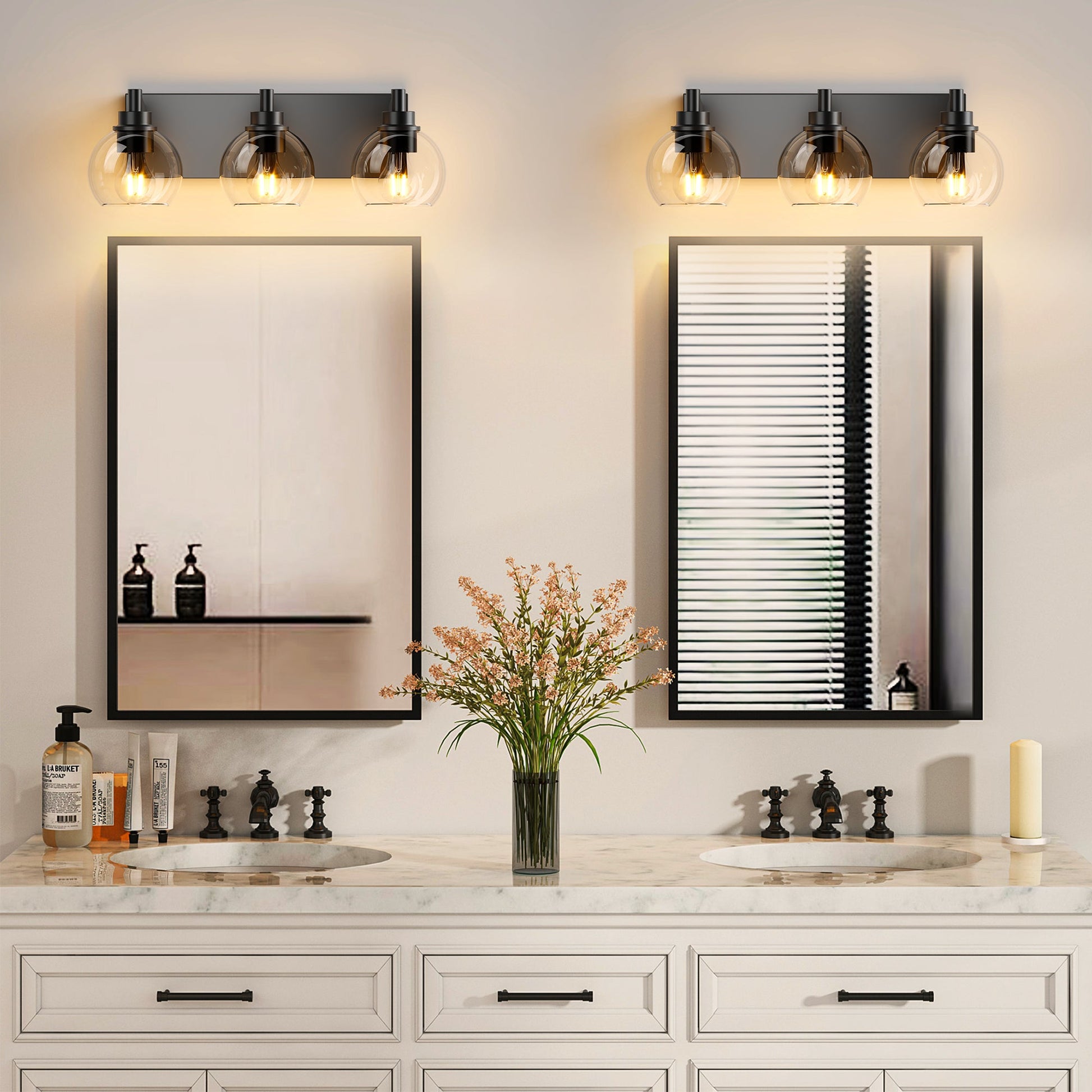 Matte Black Vanity Light | 3/4/5/6-Light Bathroom Wall Sconce with Clear Glass Shades & E26 Socket — Water-Resistant, Up or Down Mount