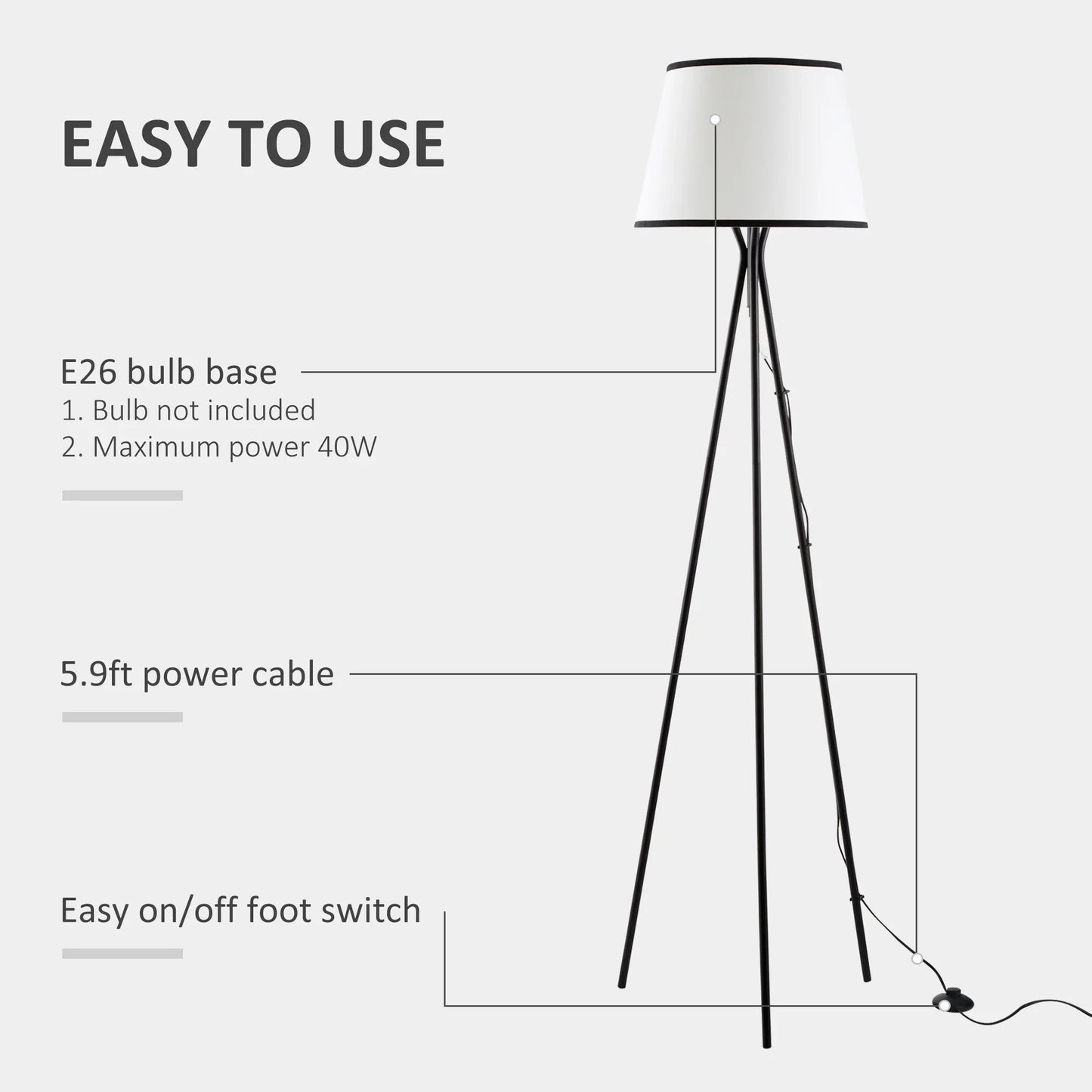 Modern Tripod Floor Lamp – Steel Frame, Fabric Shade & E26 Base | Reading & Living Room Standing Lamp