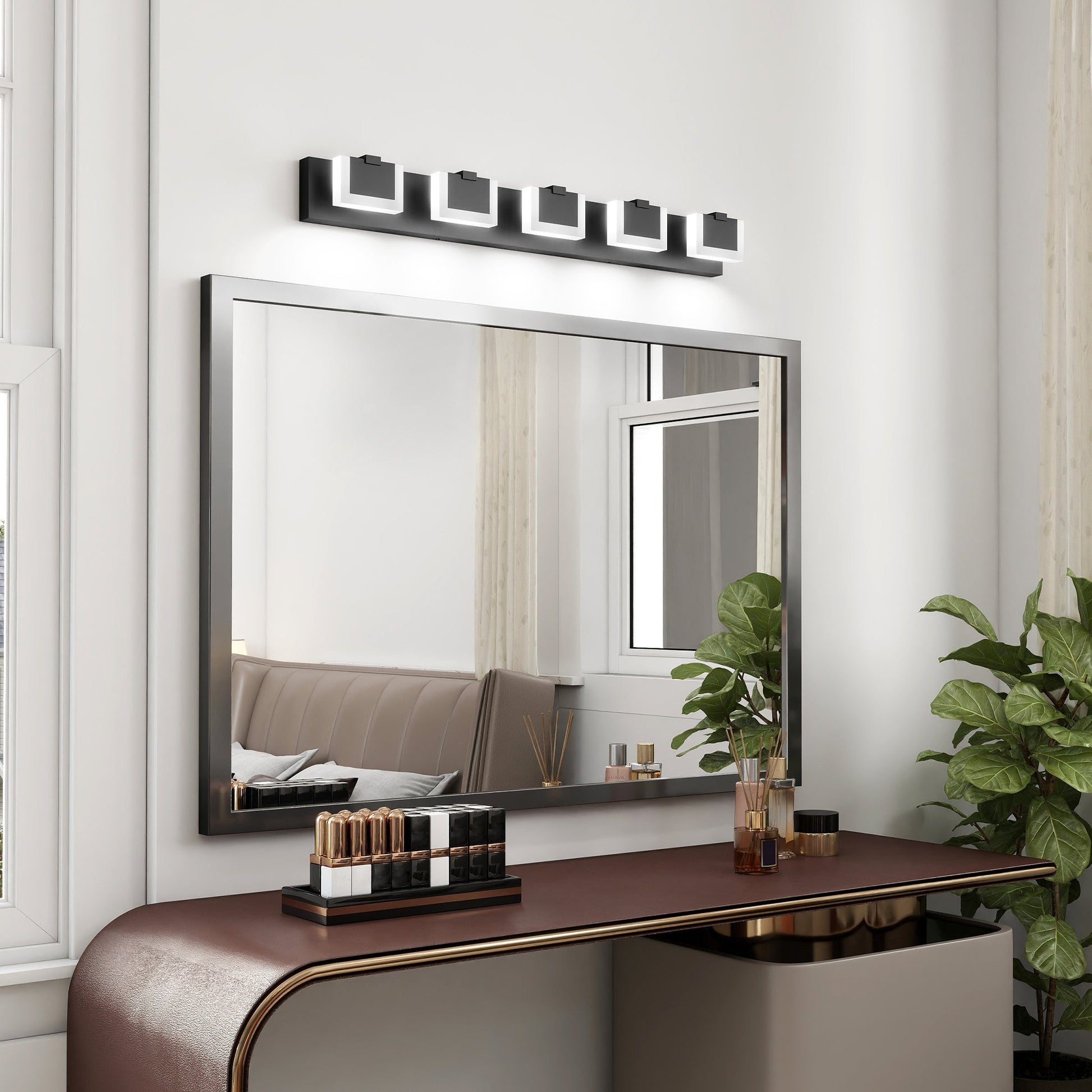 LED Vanity Light Up & Down | 3/4/5/6-Light Dimmable Bathroom Wall Sconce with Frosted Acrylic Shade — Matte Black, 6000K, 18W 5-lights