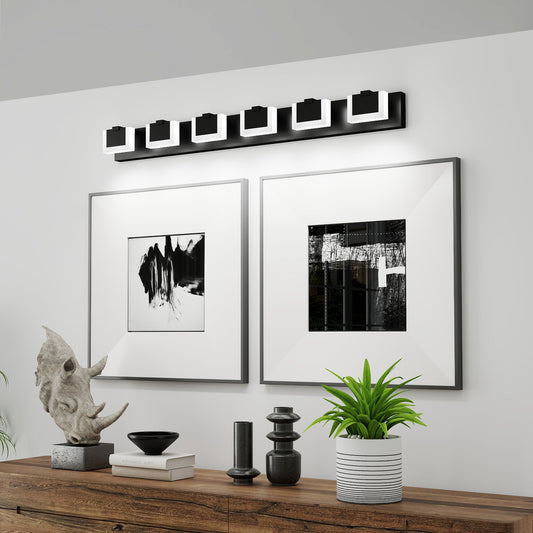 LED Vanity Light Up & Down | 3/4/5/6-Light Dimmable Bathroom Wall Sconce with Frosted Acrylic Shade — Matte Black, 6000K, 18W