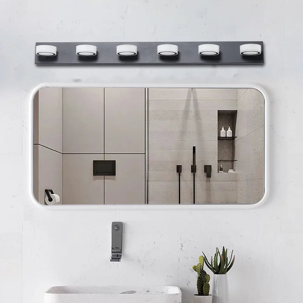 LED Vanity Light Fixture | 3/4/5/6/7-Light Dimmable Bathroom Wall Sconce with Acrylic Shade — Matte Black, 6000K, 42W 6-light