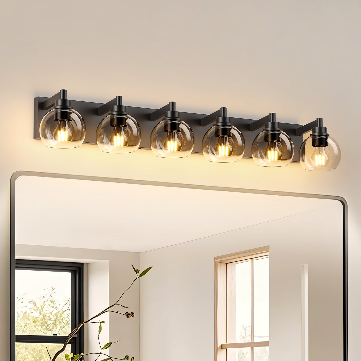 Matte Black Vanity Light | 3/4/5/6-Light Bathroom Wall Sconce with Clear Glass Shades & E26 Socket — Water-Resistant, Up or Down Mount 6-lights