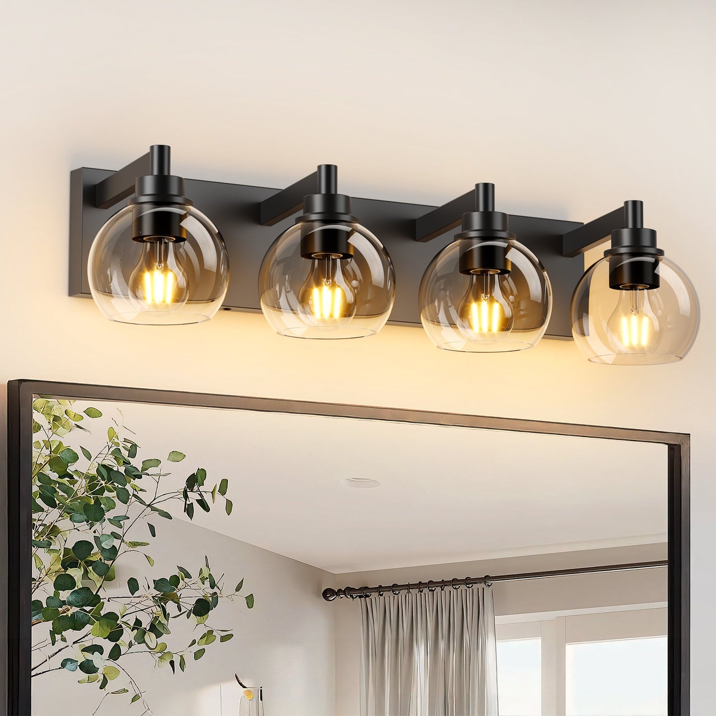 Matte Black Vanity Light | 3/4/5/6-Light Bathroom Wall Sconce with Clear Glass Shades & E26 Socket — Water-Resistant, Up or Down Mount 4-lights