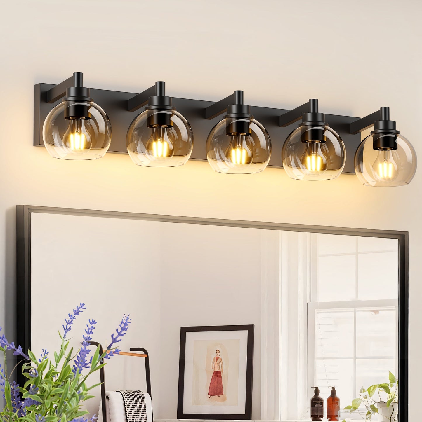 Matte Black Vanity Light | 3/4/5/6-Light Bathroom Wall Sconce with Clear Glass Shades & E26 Socket — Water-Resistant, Up or Down Mount 5-lights
