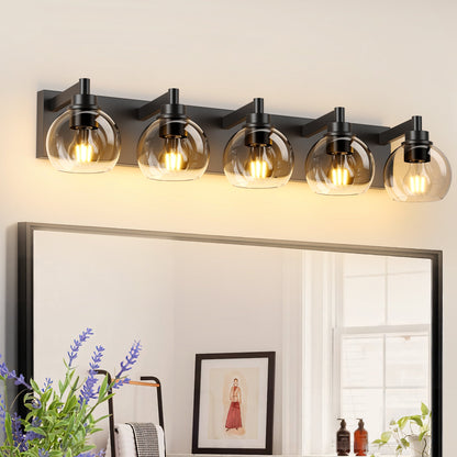 Matte Black Vanity Light | 3/4/5/6-Light Bathroom Wall Sconce with Clear Glass Shades & E26 Socket — Water-Resistant, Up or Down Mount 5-lights