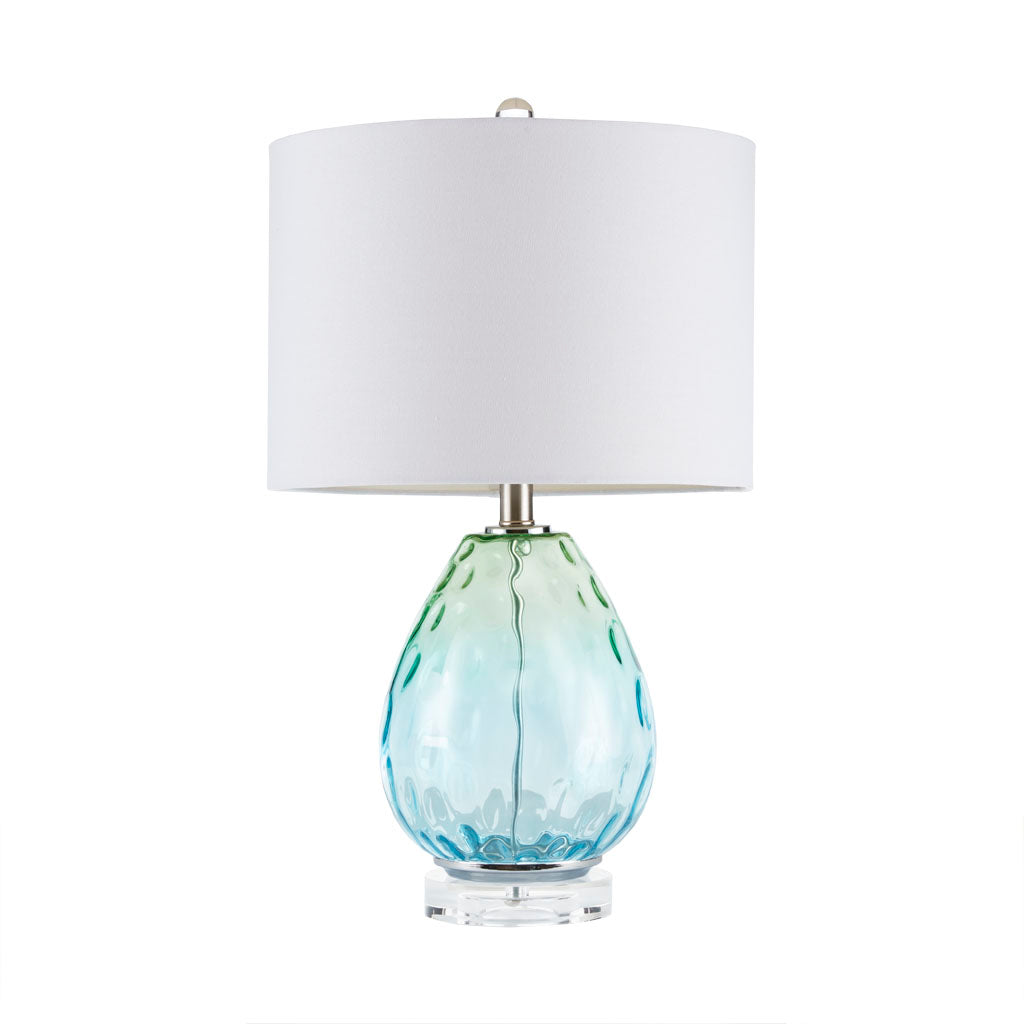 Ombre Glass Table Lamp – Blue Green & Dark Blue, White Drum Shade & LED Bulb Included | Modern Accent Lamp Blue Green