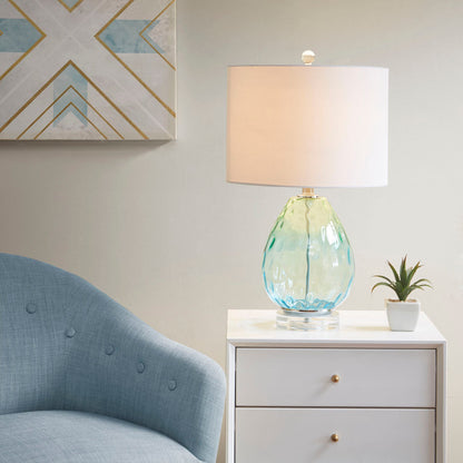 Ombre Glass Table Lamp – Blue Green & Dark Blue, White Drum Shade & LED Bulb Included | Modern Accent Lamp