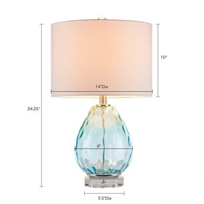 Ombre Glass Table Lamp – Blue Green & Dark Blue, White Drum Shade & LED Bulb Included | Modern Accent Lamp