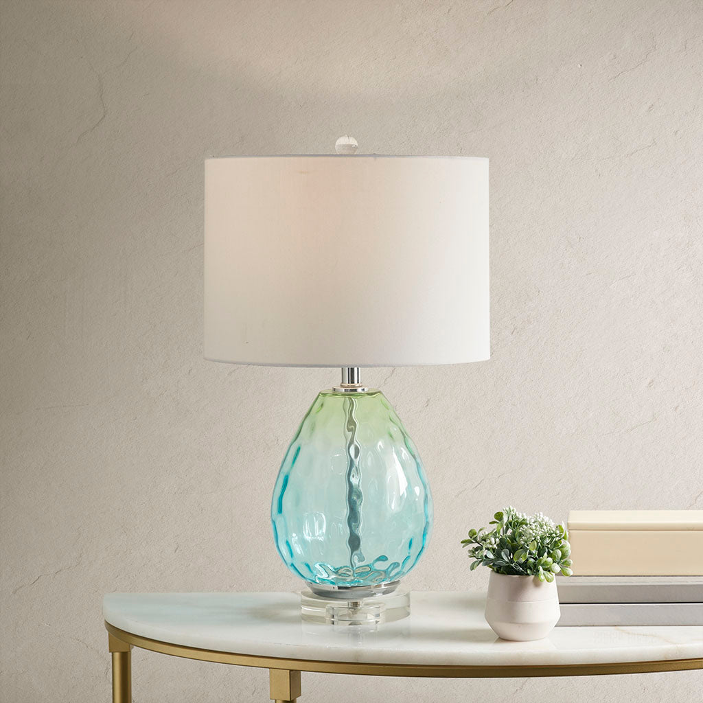 Ombre Glass Table Lamp – Blue Green & Dark Blue, White Drum Shade & LED Bulb Included | Modern Accent Lamp