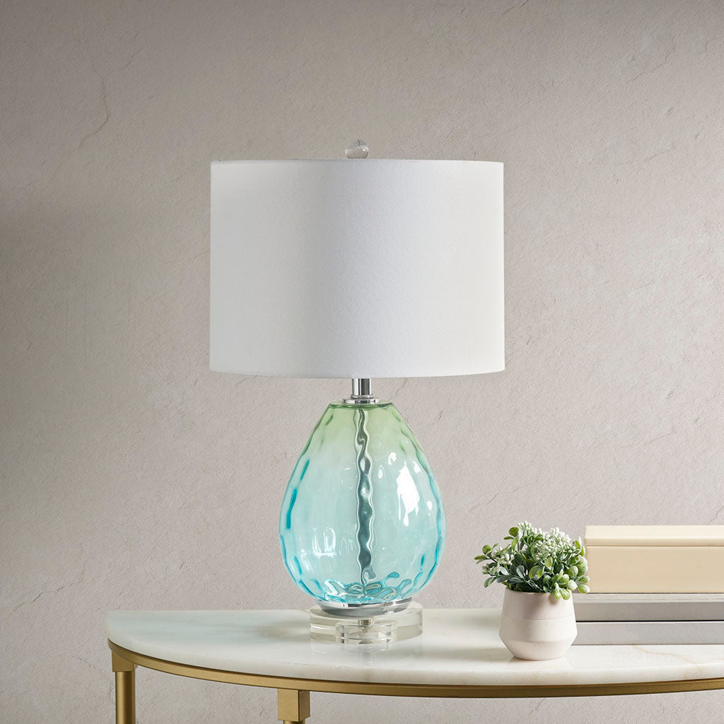 Ombre Glass Table Lamp – Blue Green & Dark Blue, White Drum Shade & LED Bulb Included | Modern Accent Lamp