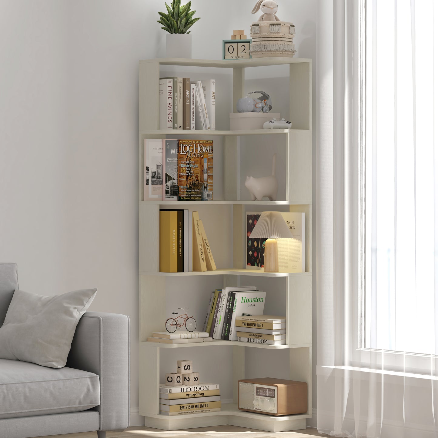 6-Tier L-Shaped Corner Bookshelf | Freestanding Wood Display Shelf with Anti-Drop Panels & Anti-Tip Device — 5 Colors White Oak